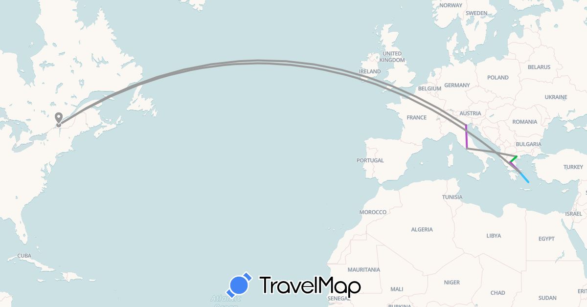 TravelMap itinerary: driving, bus, plane, train, boat in Canada, Greece, Italy (Europe, North America)